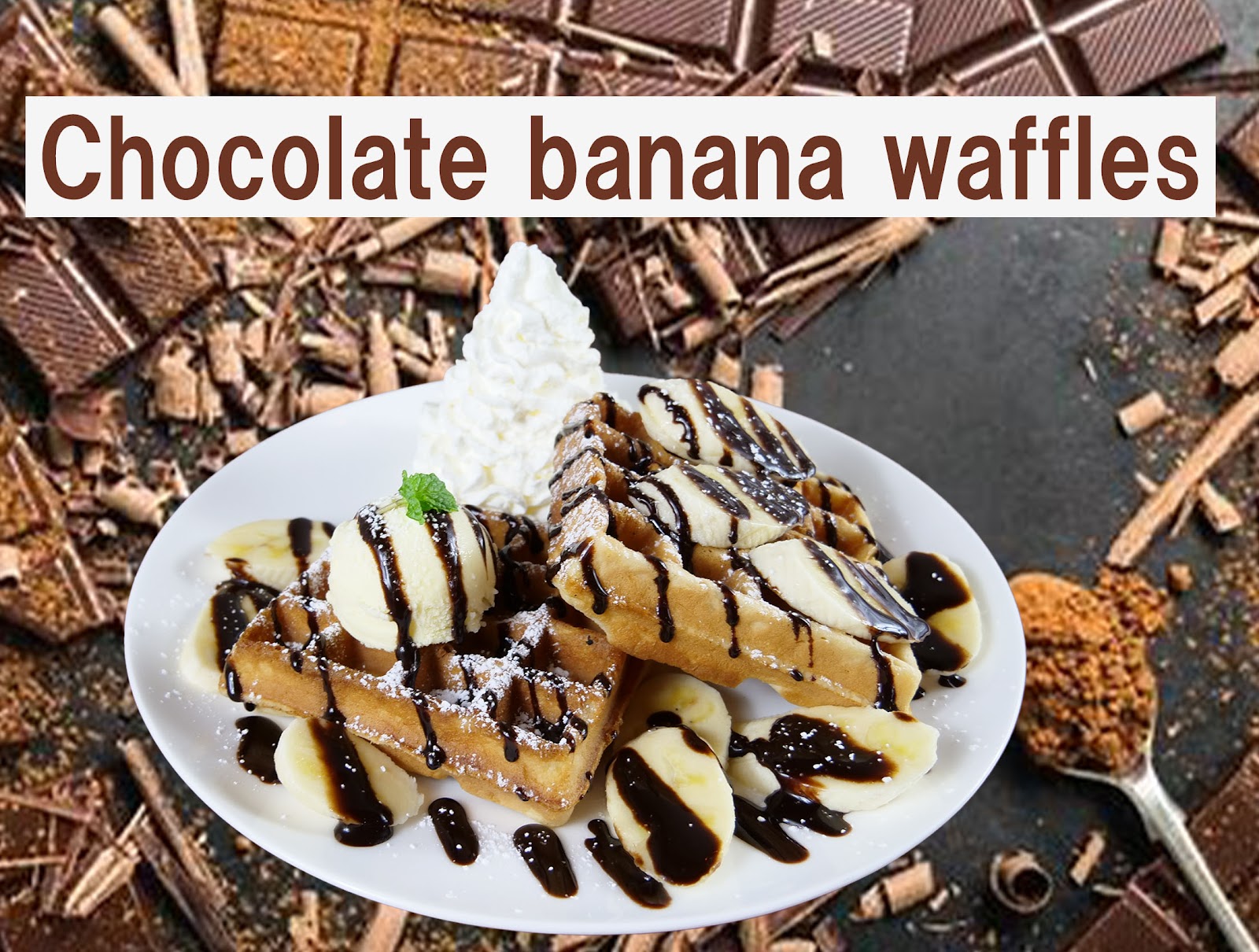 Chocolate banana waffles with ice cream and whipped cream